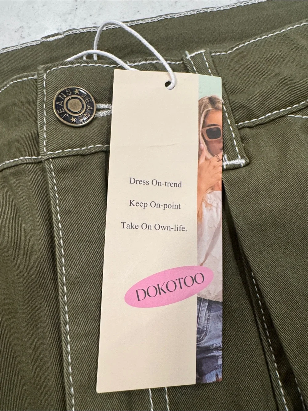 NWT DOKOTOO Sz 14 Olive Carpenter Utility Cargo High Waist White Stitch Stretch